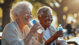 Twee oudere vrouwen met een flesje water in de hand